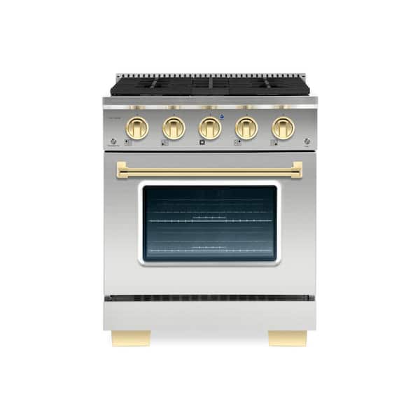 Hallman BOLD 30" 4.2 CuFt. 4 Burner Freestanding Dual Fuel Range with Gas Stove & Electric Oven, Stainless steel with Brass Trim