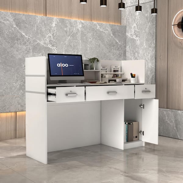 FUFU&GAGA 47.2 in. Rectangle White Wooden Console Table with 3-Drawers, Cabinet and Shelves Side Table for Entryway Hallway