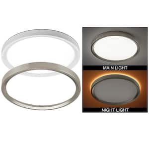13 in. Color Selectable LED Flush Mount Ceiling Light w/ Night Light Optional White and Brushed Nickel Trim Rings