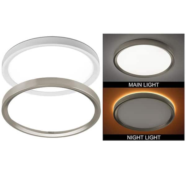 Commercial Electric 13 in. Color Selectable LED Flush Mount Ceiling Light w/ Night Light Optional White and Brushed Nickel Trim Rings