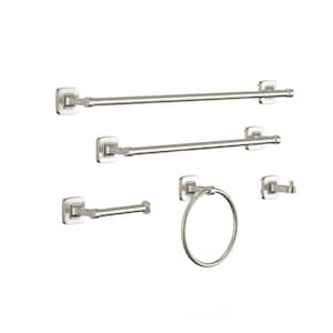 5-Piece Bath Hardware Set with Towel Ring Toilet Paper Holder Robe Hook 18 in. Towel Bar and 24 in. Towel Bar in BN