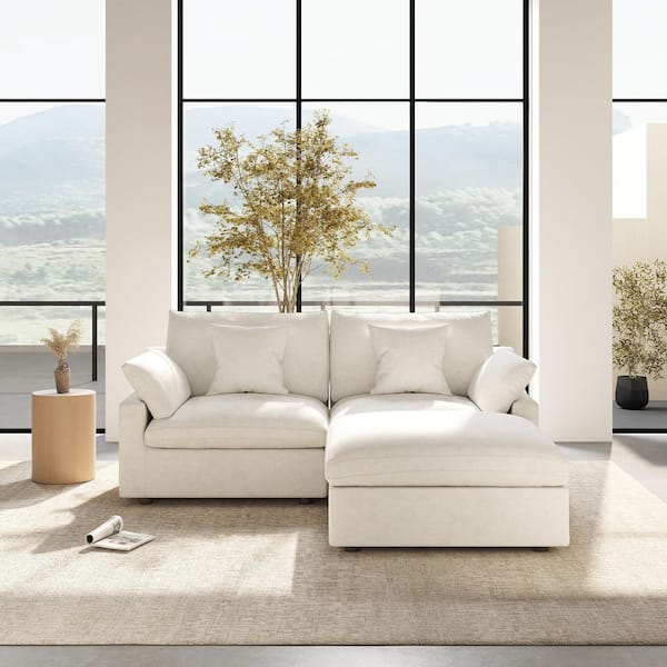 Modular Oversized Seat 83 in. Plush Linen Flared Arm Loveseat Cloud Couch Sofa with Ottoman, Washable Cover in White