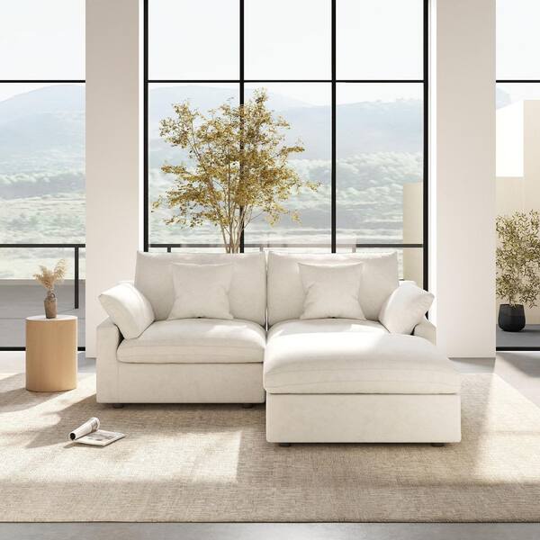 Modular Oversized Seat 83 in. Plush Linen Flared Arm Loveseat Cloud Couch Sofa with Ottoman, Washable Cover in White