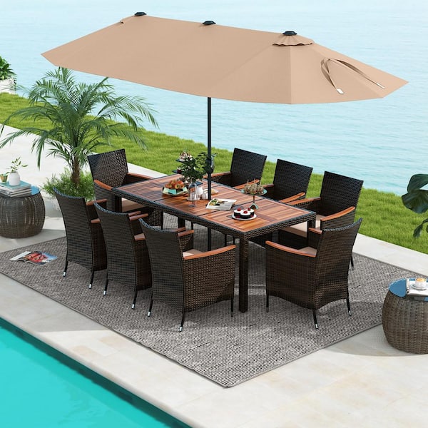 9-Piece Wicker and Wood Outdoor Dining Set with Beige Cushions and 15 ft. Double-Sided Twin Coffee Umbrella