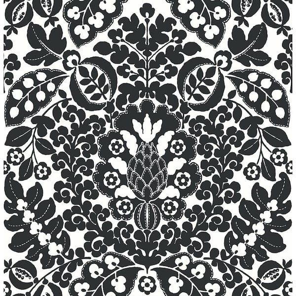 A-Street Prints Marni Black Fruit Damask Wallpaper Sample