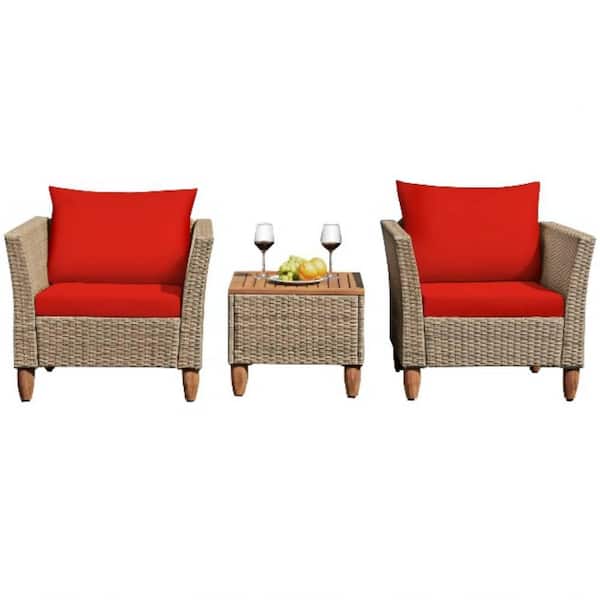 SUGIFT 3-Piece Wicker Patio Conversation Set Sofa with Table and Red Cushion