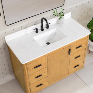 Perla 48 in. W x 22 in. D x 34 in. H Single Bath Vanity in Natural Wood with Grain White Composite Stone Top and Mirror