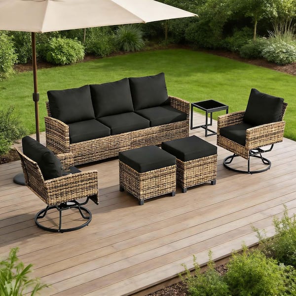 6-Piece Brown Wicker Patio Conversation Set with Black Cushions(1 Sofa, 2 Swivel Chair, 2 Ottoman, 1 Side Table)