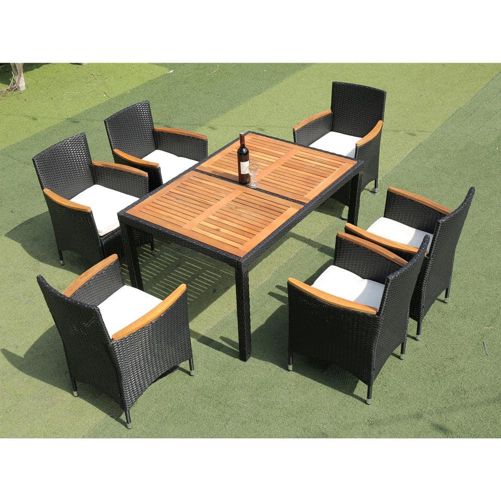 7-Piece Wicker Outdoor Outdoor Dining Patio Dining Set with Acacia Top Cush