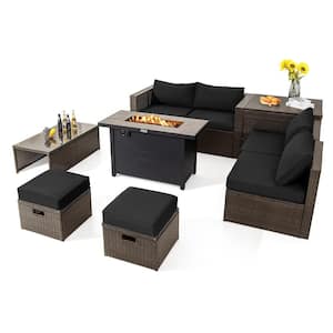 9-Piece PE Wicker Patio Conversation Set with Fire Pit Table Black Cushions Outdoor Space-Saving Sectional Sofa Set