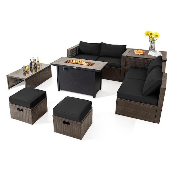 HONEY JOY 9-Piece PE Wicker Patio Conversation Set with Fire Pit Table Black Cushions Outdoor Space-Saving Sectional Sofa Set