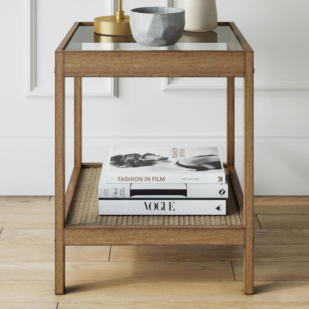 Hayes Light Brown Solid Wood and Glass Side Table with Rattan Shelf