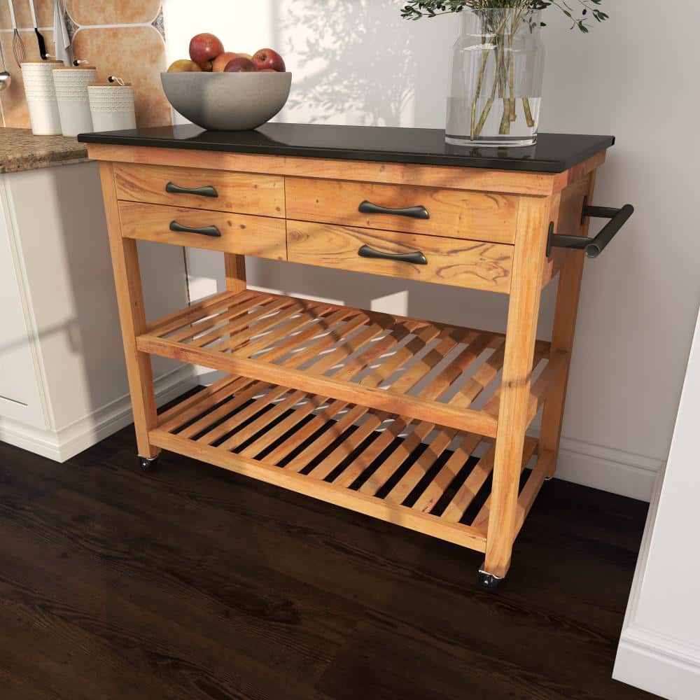 Brown Wood Kitchen Cart with Marble Top and Storage