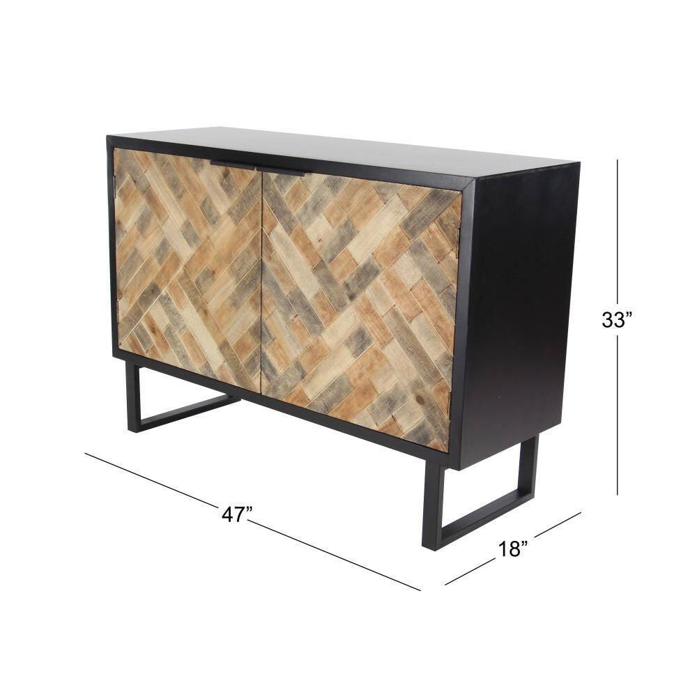 Black and Brown Geometric Wood Inlay Cabinet with Shelf