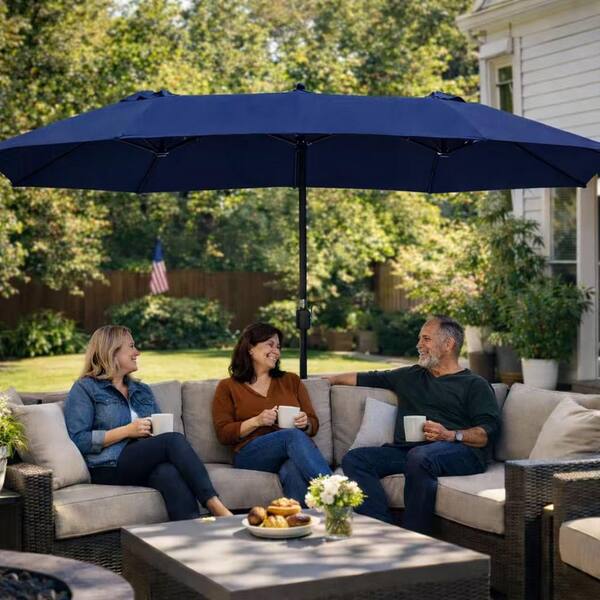 builders warehouse patio umbrellas Kozyard Butterfly 15' Outdoor Patio Double-Sided Aluminum Umbrella with Crank and Base