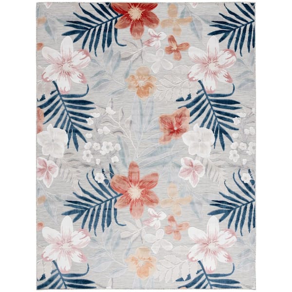 Cabana Gray/Rust 9 ft. x 12 ft. High-Low Floral Leaf Indoor/Outdoor Area Rug