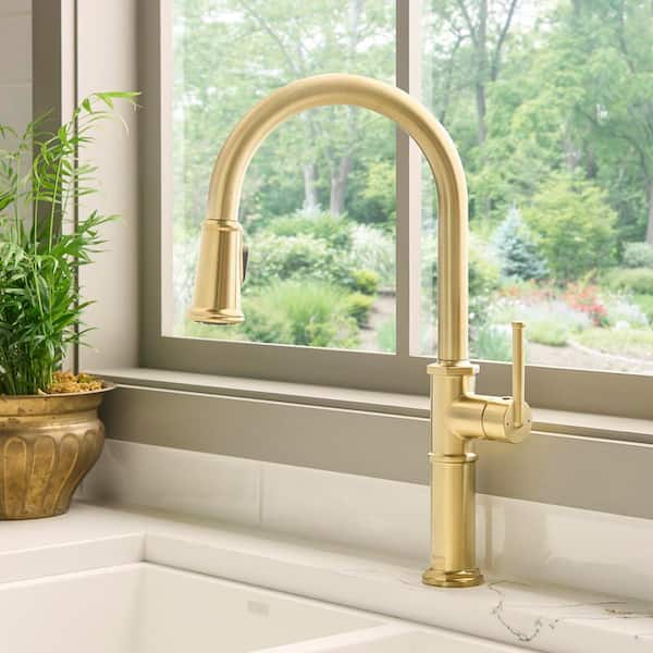 Idris Brushed Gold 16.5 in. H Single Handle Arc Gooseneck Pull Down Sprayer Kitchen Faucet with 360° Spout Swivel