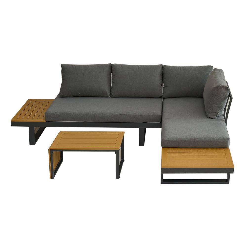 3-Piece Outdoor Aluminum L-Shaped Furniture Set with Plastic Wood Side ...