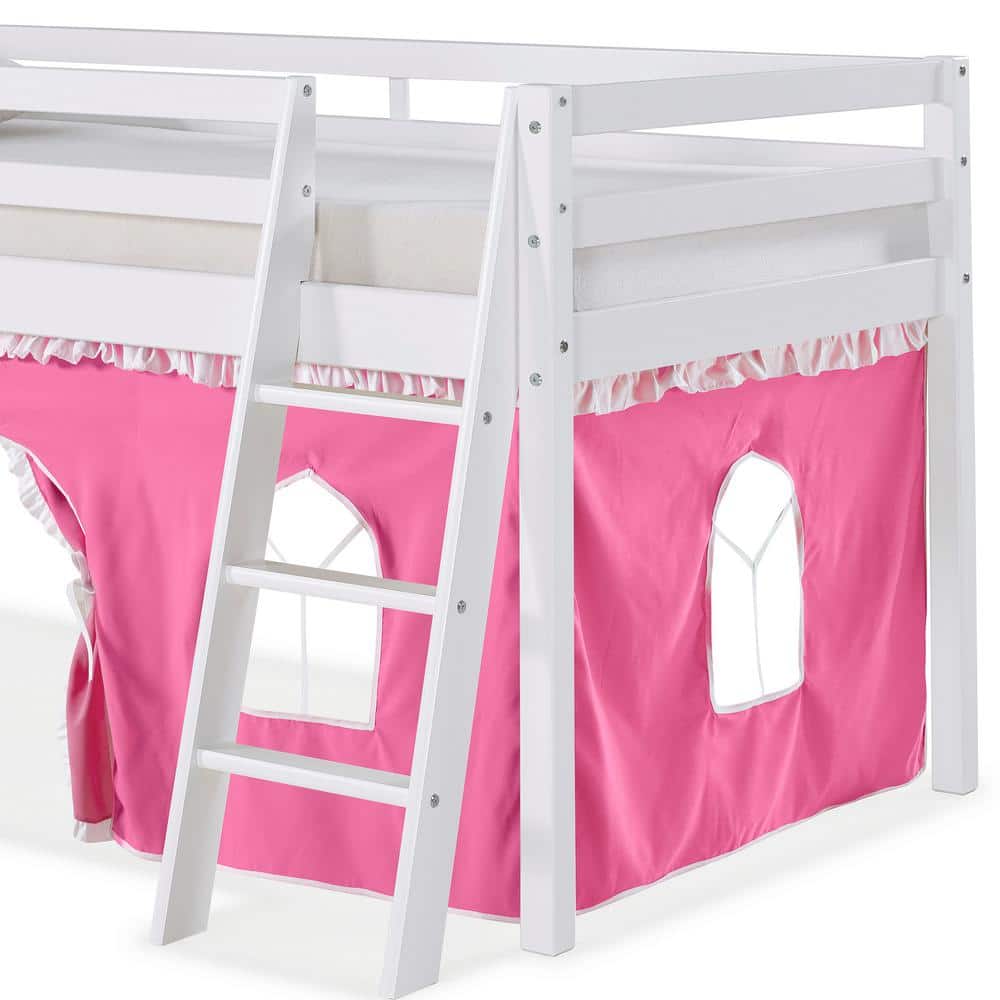 White Pine Twin Loft Bed with Pink Playhouse Tent