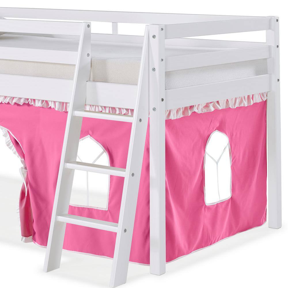 White Pine Twin Loft Bed with Pink Playhouse Tent