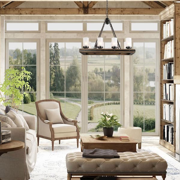 Wood Chandelier, Rustic 8-Light Linear Farmhouse Black Chandelier Kitchen Island Pendant Light with Frosted Glass Shades