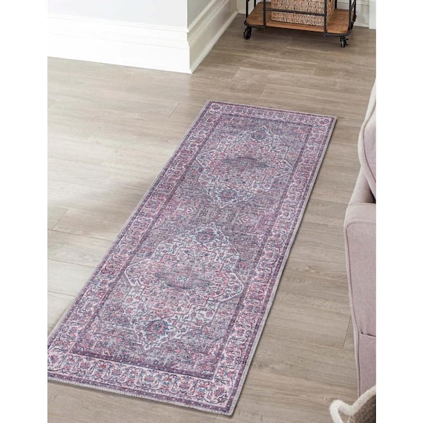Mangata Mireille Beige and Pink 2 ft. 7 in. x 13 ft. Runner Machine Washable Area Rug