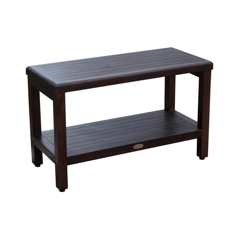 30" Woodland Brown Teak Wood Shower Bench with Shelf