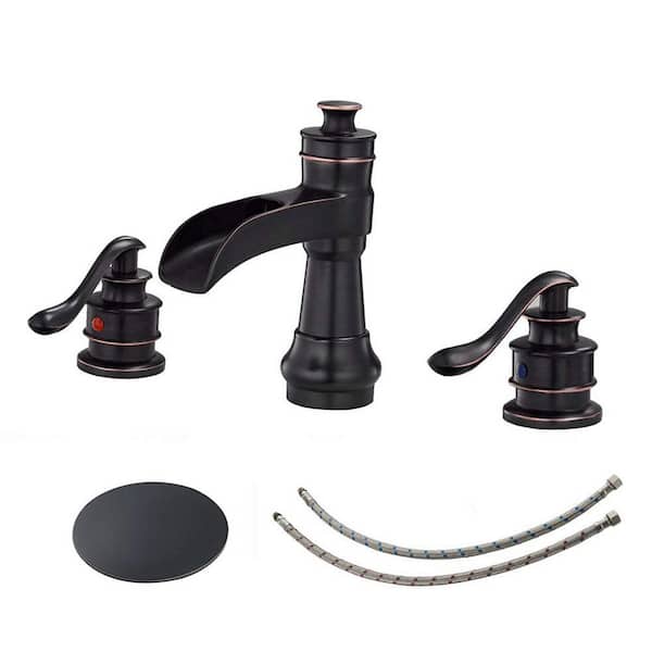 Fapully 8 in. Widespread 2-Handle Mid-Arc Waterfall Bathroom Faucet with Pop Up Drain and Supply Lines in Oil Rubbed Bronze