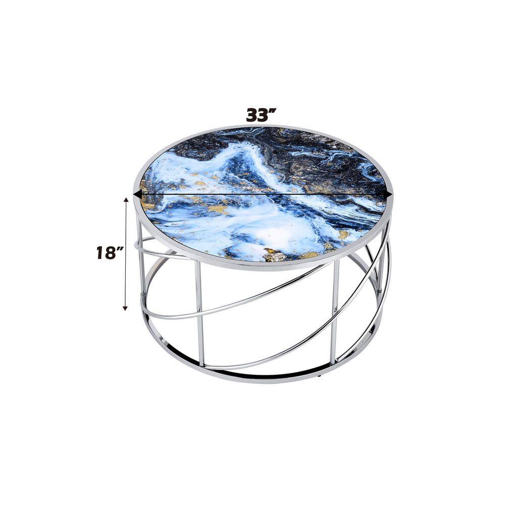 Blue Marble Print and Chrome Round Coffee Table