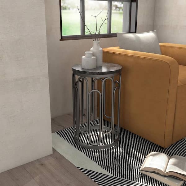 Farley 13.34 in. Black Round Stone Side Table With Metal Frame