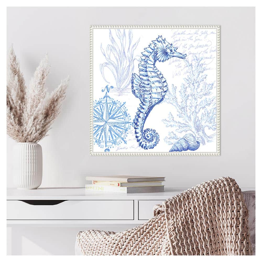 22" Coastal Sketchbook Sea Horse Blue and White Canvas Print