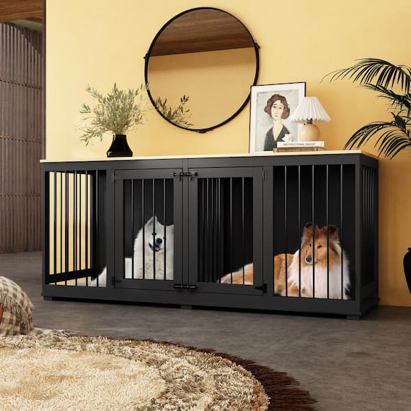 Large Dog House Crate Furniture, 71 in. Wooden Large Dog Kennel with Removable Divider for Large Medium Dogs, Black