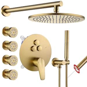Single Handle 3-Spray Shower Faucet 1.8 GPM 10 in. Round Wall Mounted with Pressure Balance in. Brushed Gold with 4-Jet
