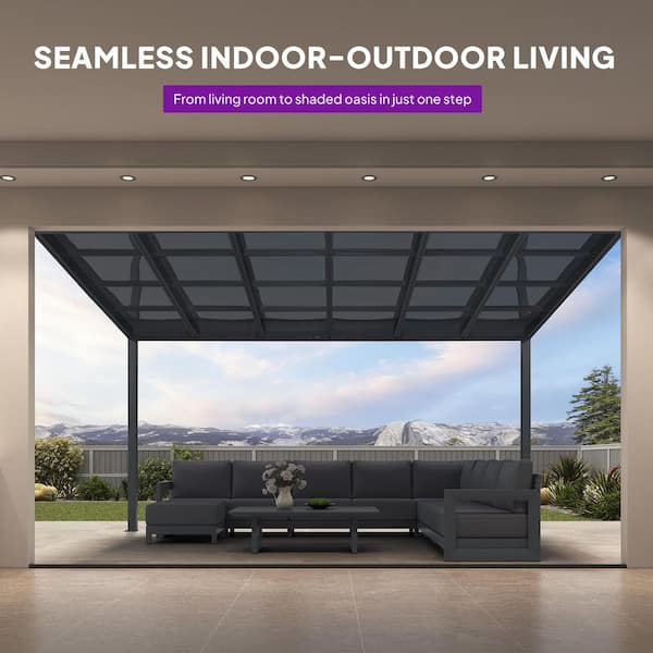 12 ft. x 14 ft. Gray Wall-Mounted Outdoor Pergola Aluminum Lean to Gazebo with PC Canopy and In-Built Gutter System
