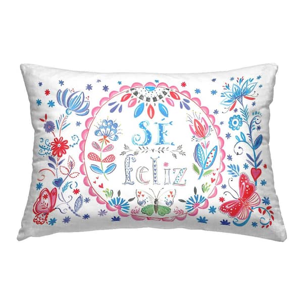 Stupell Industries Be Happy Floral Butterflies Blue Floral Polyester 14 in. x 20 in. Indoor Throw Pillow
