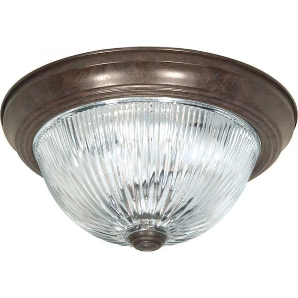 SATCO Nuvo 13 in. 2-Light Old Bronze Traditional Semi-Flush Mount with Clear Ribbed Glass Shade and No Bulbs Included