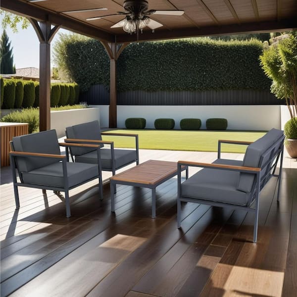 Harper & Bright Designs 4-Piece Metal Outdoor Patio Conversation Set with Dark Gray Cushions and Acacia Wood Tabletop