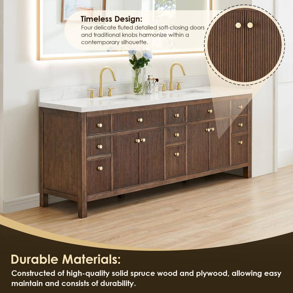 Cerrito 84" Brown Oak Double Vanity with White Stone Top