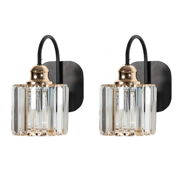 ExBrite Merrin 5.4 in. 1-Light Black Bathroom Vanity Light Wall Fixture for Bathroom Mirror with Crystal Shades (2-Packs)