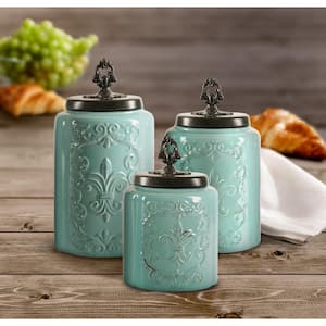 3-Piece Blue Antique Earthenware Canister Set with Lid