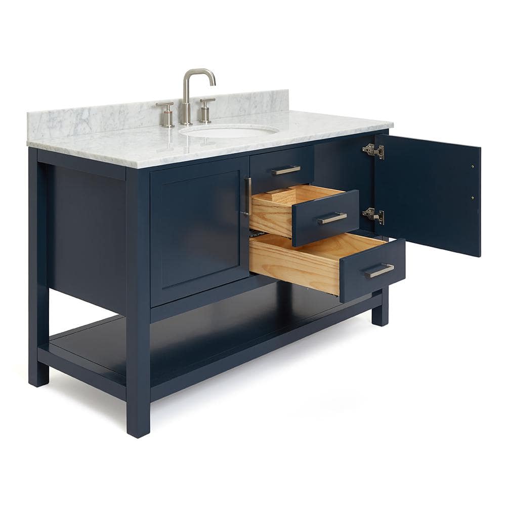 Midnight Blue Single Vanity with White Marble Top, 55"