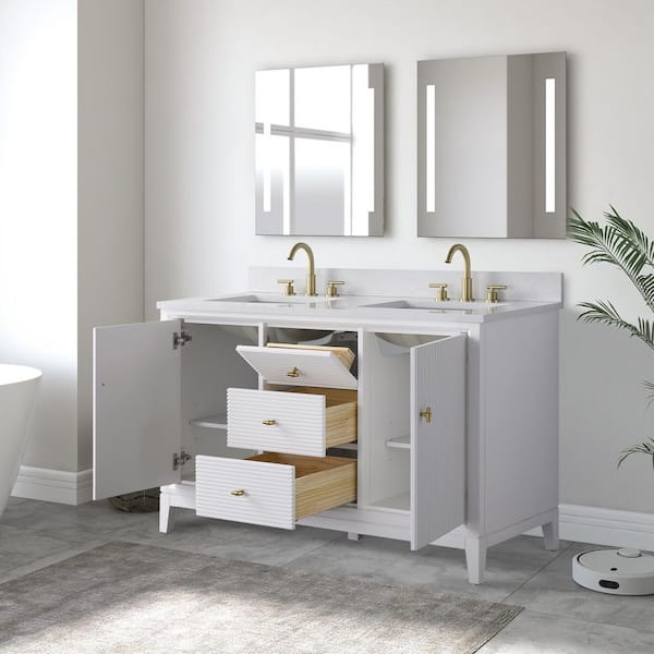 54 in. W x 34 in. H Double Sink White Bath Vanity Cabinet with Arabescato White Engineered Marble Top