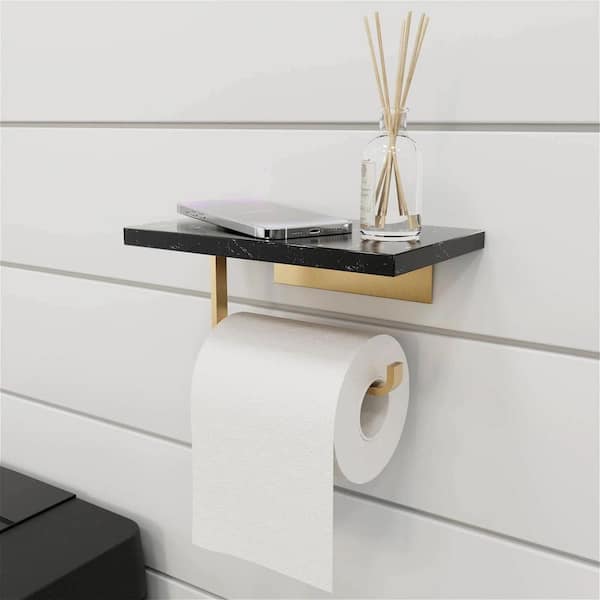 Bathroom Wall Mounted Toilet Paper Holder With Phone Shelf in Black Natural Marble