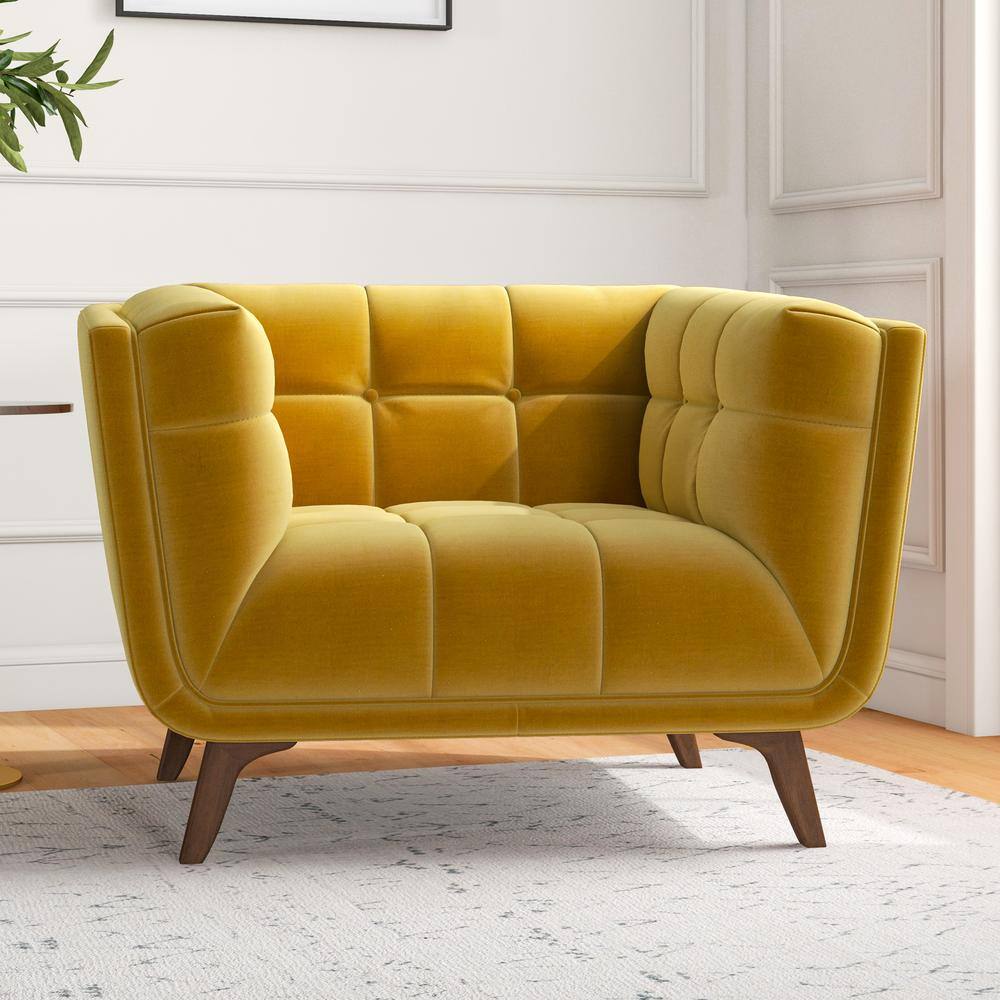 Mid-Century Modern Yellow Velvet Accent Chair with Wood Legs