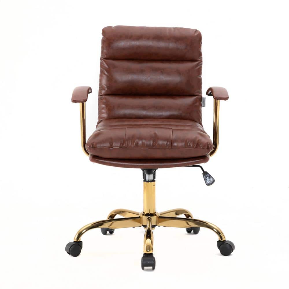 Walnut Brown Leather Executive Swivel Office Chair with Gold Base