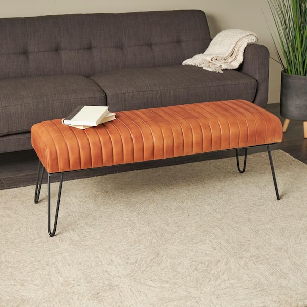 Litton Lane Brown Upholstered Bedroom Bench with Linear Tufted Panels and Black Metal Hairpin Legs 18 in. x 47 in. x 17 in.