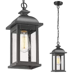 19 in. 1-Light Black Outdoor Pendant Light with Adjustable Chain, Seeded Glass and No Bulbs Included
