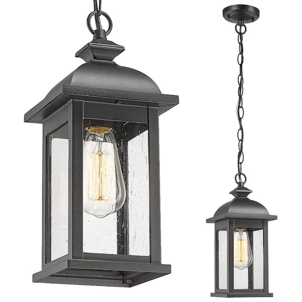 JAZAVA 19 in. 1-Light Black Outdoor Pendant Light with Adjustable Chain, Seeded Glass and No Bulbs Included