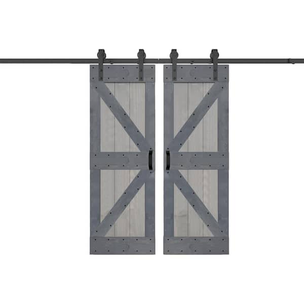 K Series 60 in. x 84 in. French Gray/Dark Gray Finished DIY Solid Wood Double Sliding Barn Door with Hardware Kit