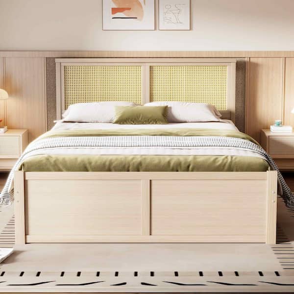Antique Natural Wood Frame Queen Size Platform Bed with 4-Drawers, Rattan Headboard